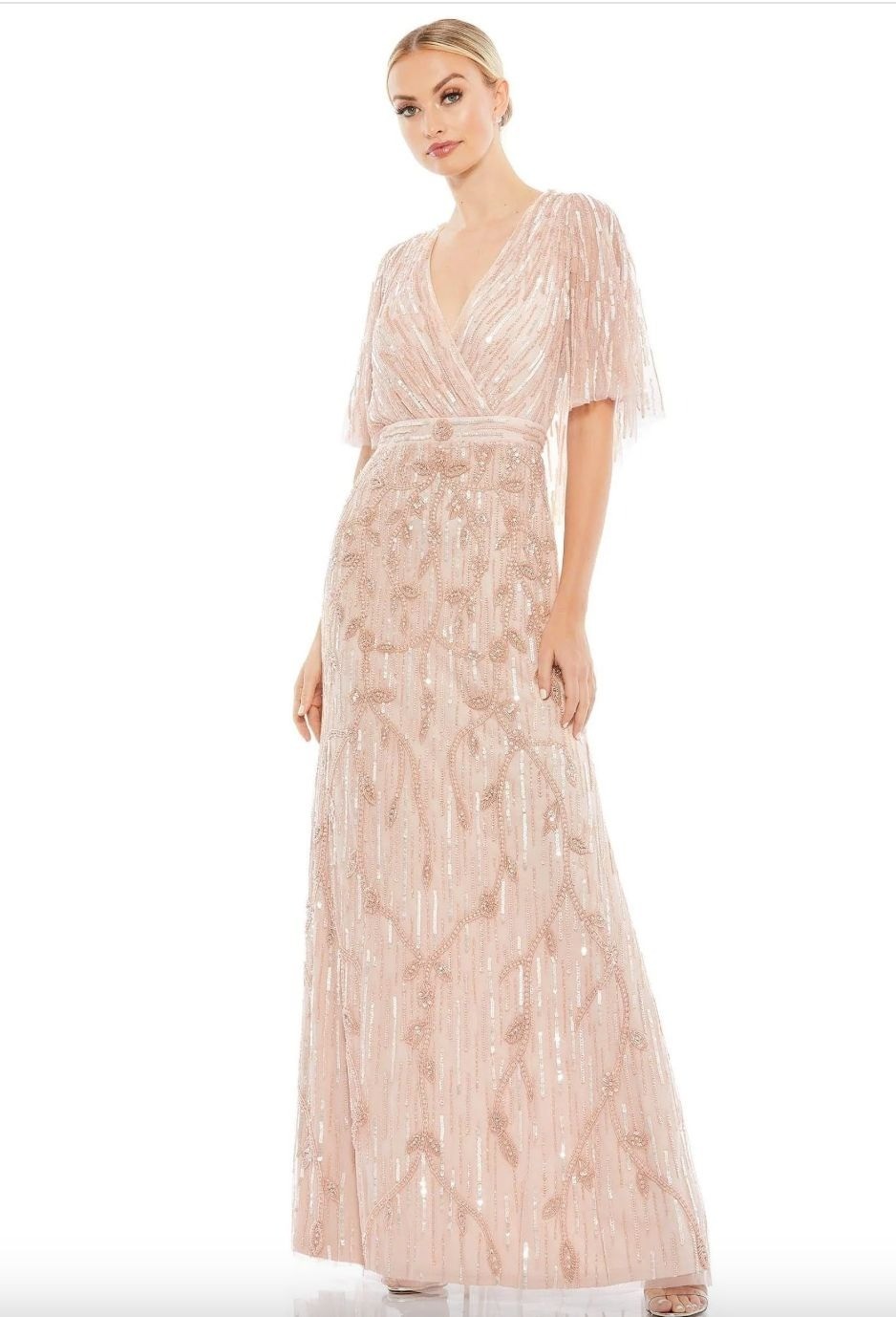 Mac Duggal 9064 Sequin V Neck Sheath Dress Size 4 Blush Pink Cape Flutter