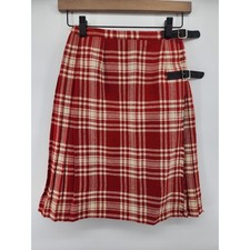 Vintage Red Plaid Pleated Wool Kilt Skirt Buckle Accent 24" Scottish Preppy