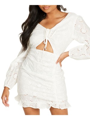 QUIZ Womens White Open Back Blouson Sleeve V Neck Mini Party Sheath Dress 8