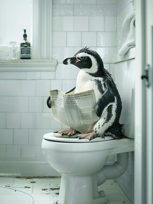 Pinguin sitzt auf Toilette und liest - Humorvolles Tier Badezimmer Poster Wanddruck A