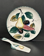 Vintage Unmarked Chop Torte Cake Plate & Server Pottery Fruit Plum Pear