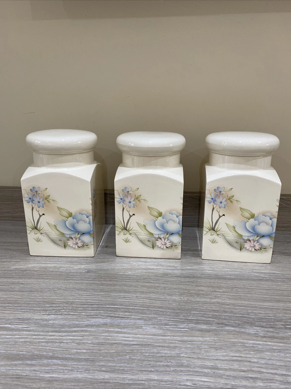 Hornsey pottery set of three jars canisters flower Oriental
