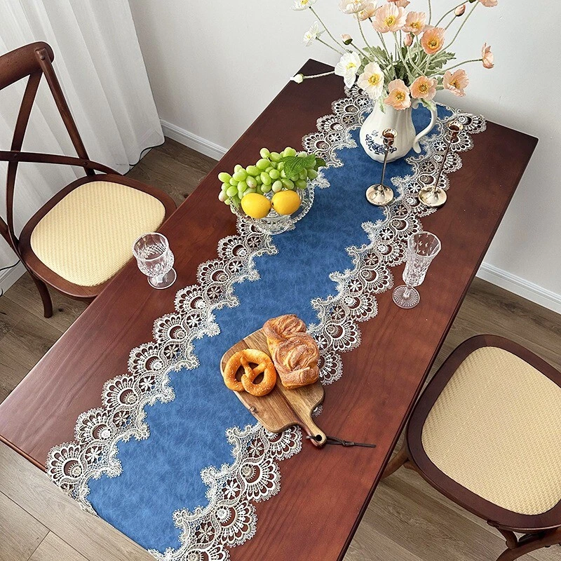 Table Cover Faux Leather Table Runner Lace Trim Wedding Party Home Banquet Decor - Image 3 of 4