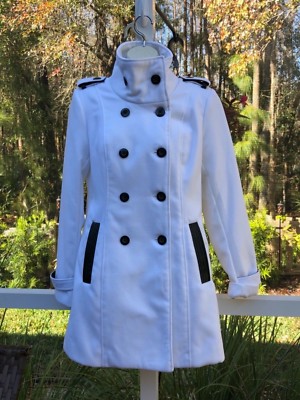 BCX Coat Faux Leather Trim Peacoat Coat Jacket Turtleneck White