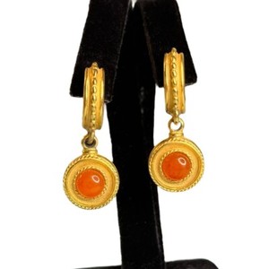 Authentic Vintage Ben-Amun Signed Gold Plated Faux Amber Hoop Pierced Dangle Earrings
