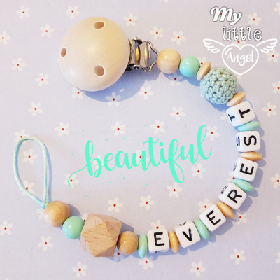 Personalised Wooden Bead Dummy Clip For MAM Pacifiers - Natural Wood, Unisex Baby Gift