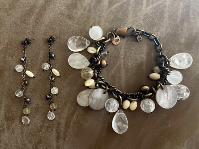 DYRBERG/KERN BRACELET & EARRINGS SET WHITE GRAY PEARLS & CRYSTALS DENMARK