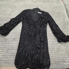 Eliza J Women's Black Solid Sequinned Faux-Wrap Fit & Flare Dress Size 8