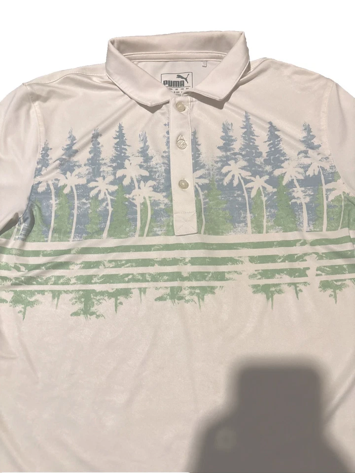 Polo Puma para niños con diseño de árboles, blanco azul y verde, talla mediana Foto 2 de 4