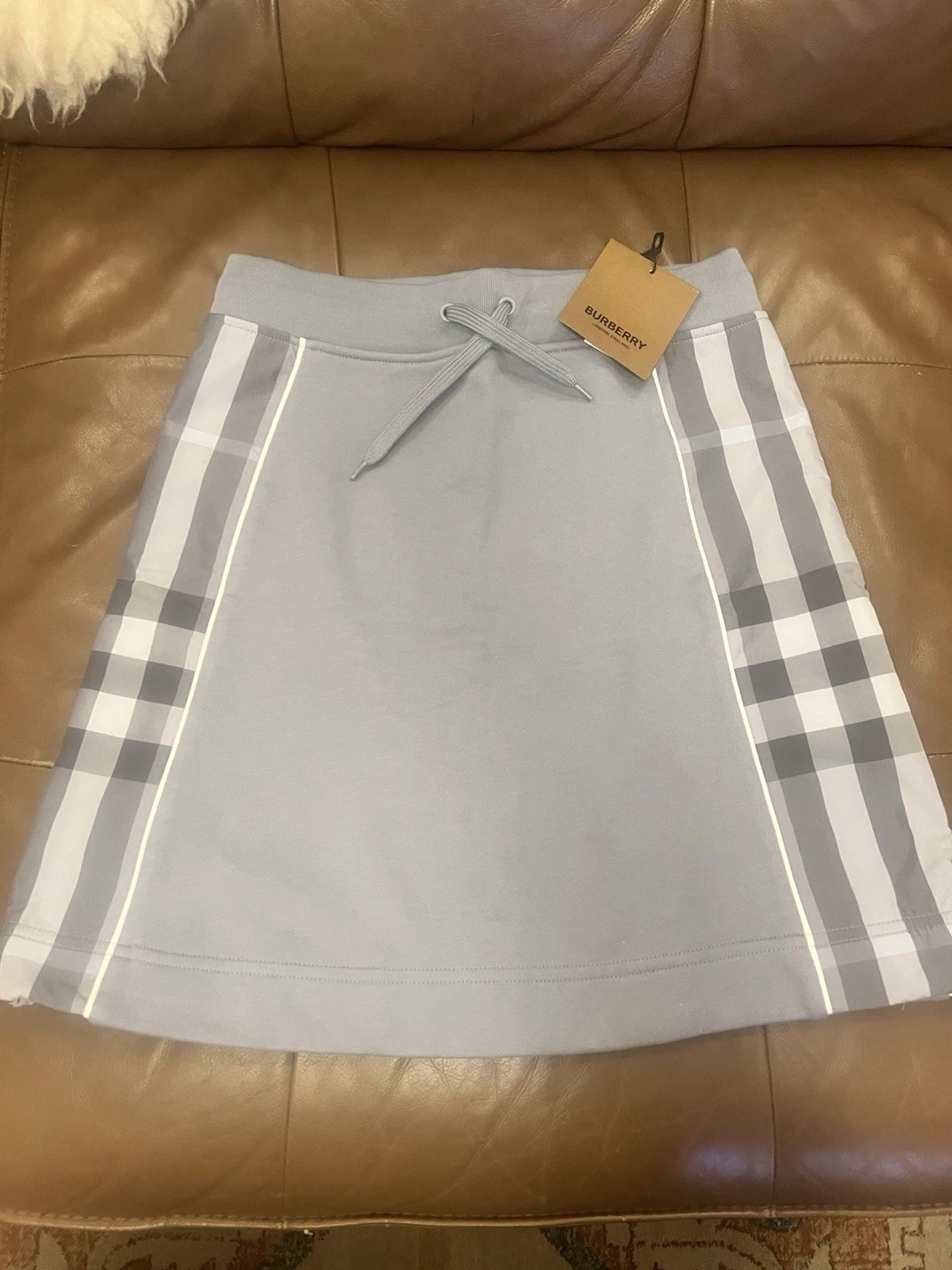 NWT Burberry Children’s Skirt, Light Blue With Side Plad Pattern, Cotton