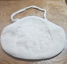 Vintage Ivory Beaded Clutch Wristlet Pouch Small Club Purse Barrel Micro Bead