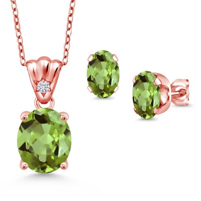 18K Rose Gold Plated Silver Peridot and White Moissanite Pendant and Earrings