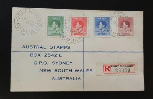 Papua New Guinea 1937 KGVI CORONATION SET FDC REGISTERED Cover to NSW Australia