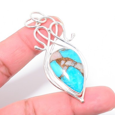 Copper Pink Opal Kingman Blue Turquoise 925 Sterling Silver Pendant 2.50'' P84027