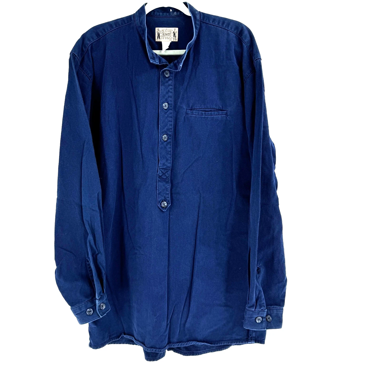 Vintage Classic Old West Styles Shirt Mens Large Blue Band Collar Cowboy Western