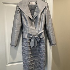 Montage By Mon Cheri Elegant Dress W/Jacket Set Gray Blue Sz 8 Lace Sequin MOB