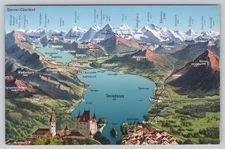 c.1920 Switzerland Berner Oberland Thunersee Panoramic Map Alps Postcard