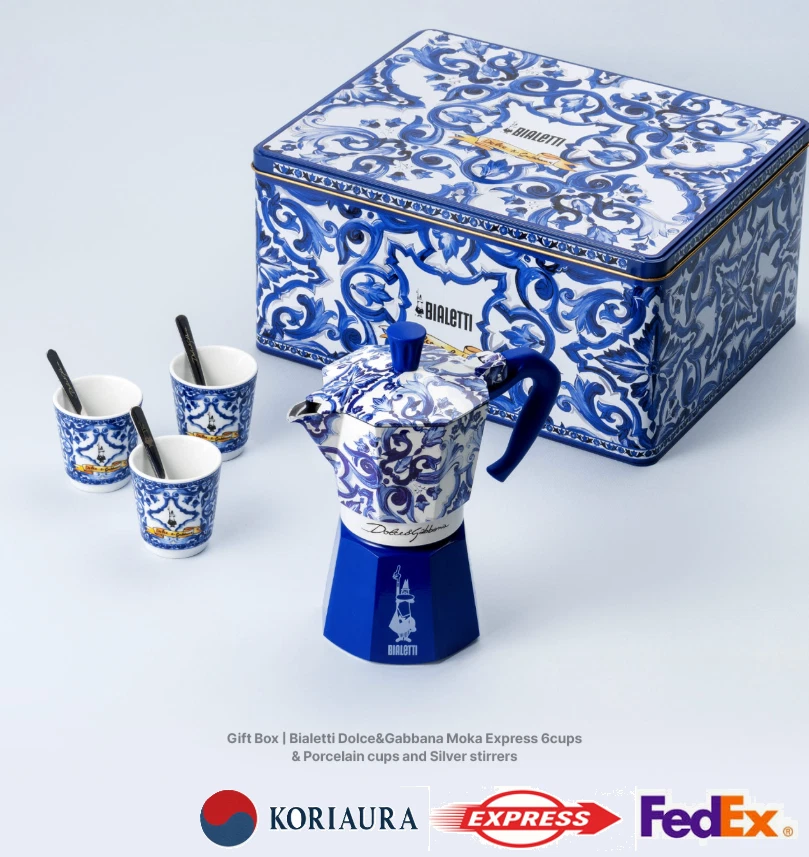 Bialetti Dolce & Gabbana Blu Moka 6 Cup Gift Box Set Cups Muddlers