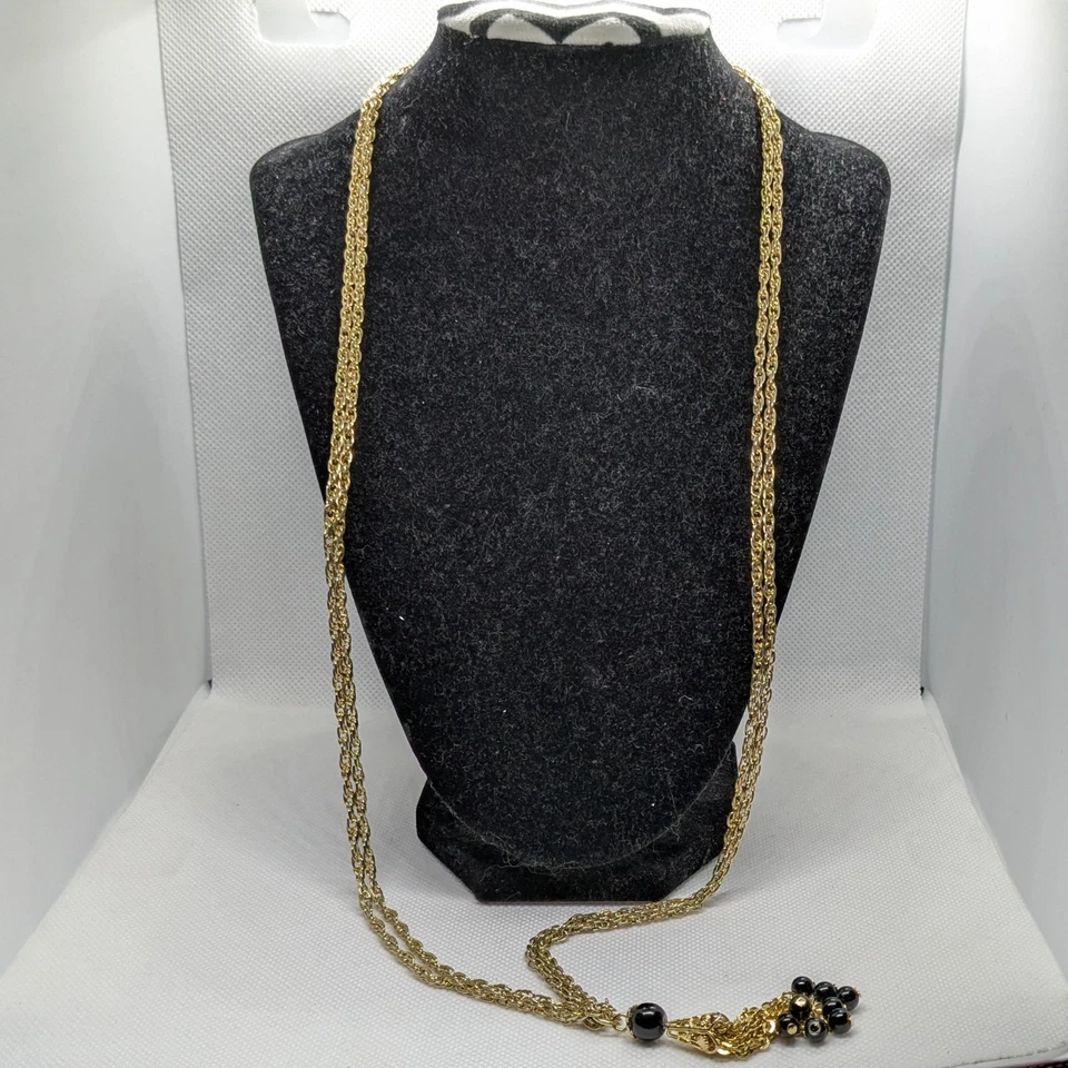 Collar Borla Largo Tono Dorado Cuentas Negras De Colección Retro 30 pulgadas Borla Glamurosa Foto 4 de 4