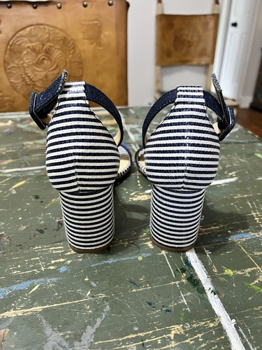 CL Chinese Laundry Sandals 8.5 Blue White Stripe Block Heel Open Toe Nautical - Picture 3 of 7