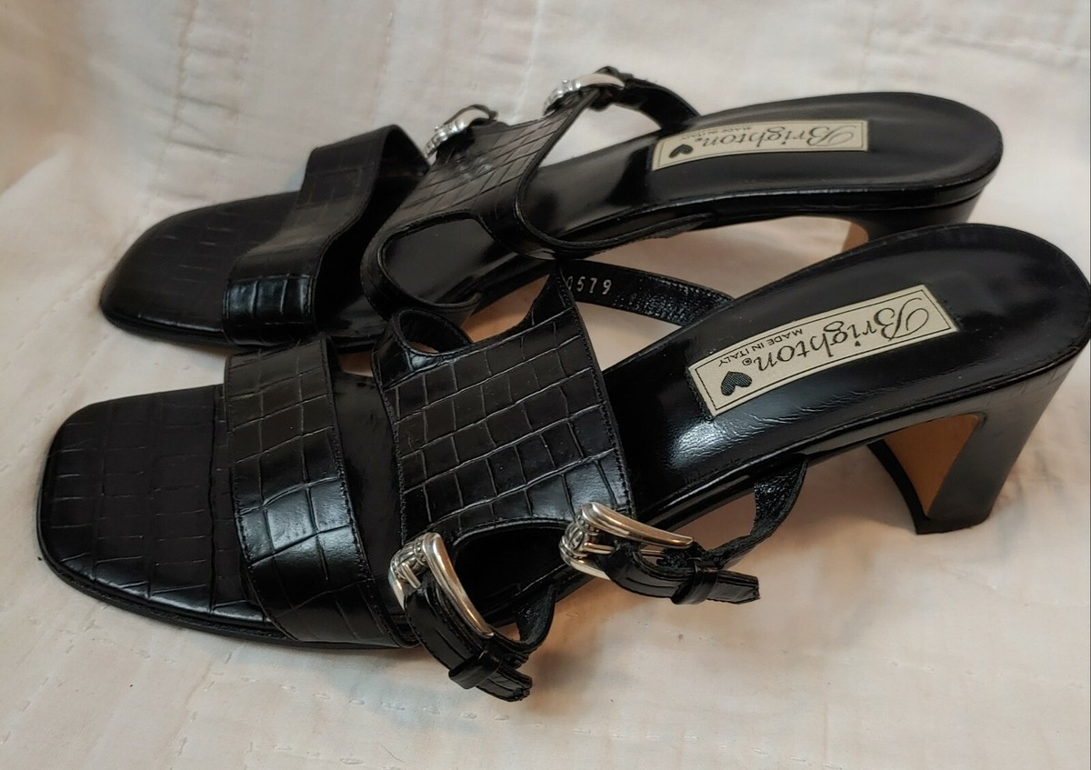 Brighton Tamara Buckle Strap Croc Pattern Leather Sandals Black