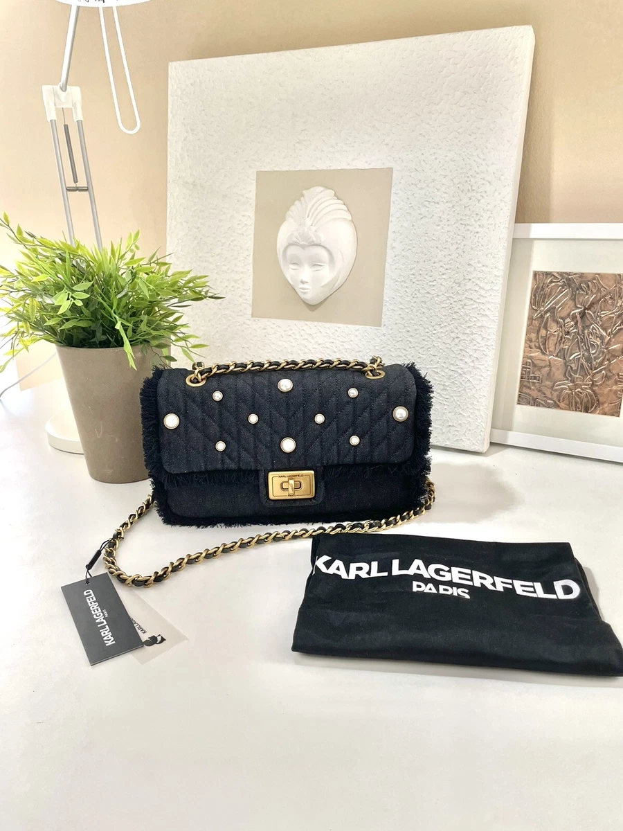 KARL LAGERFELD PARIS AGYNESS CHAIN LEATHER QUILTING DENIM SHOULDER BAG