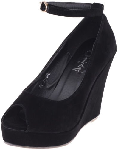 Vintage 50s RIEMCHEN Mary Jane PEEP TOE Velvet WEDGES Schuhe - schwarz Rockabill - Afbeelding 1 van 6