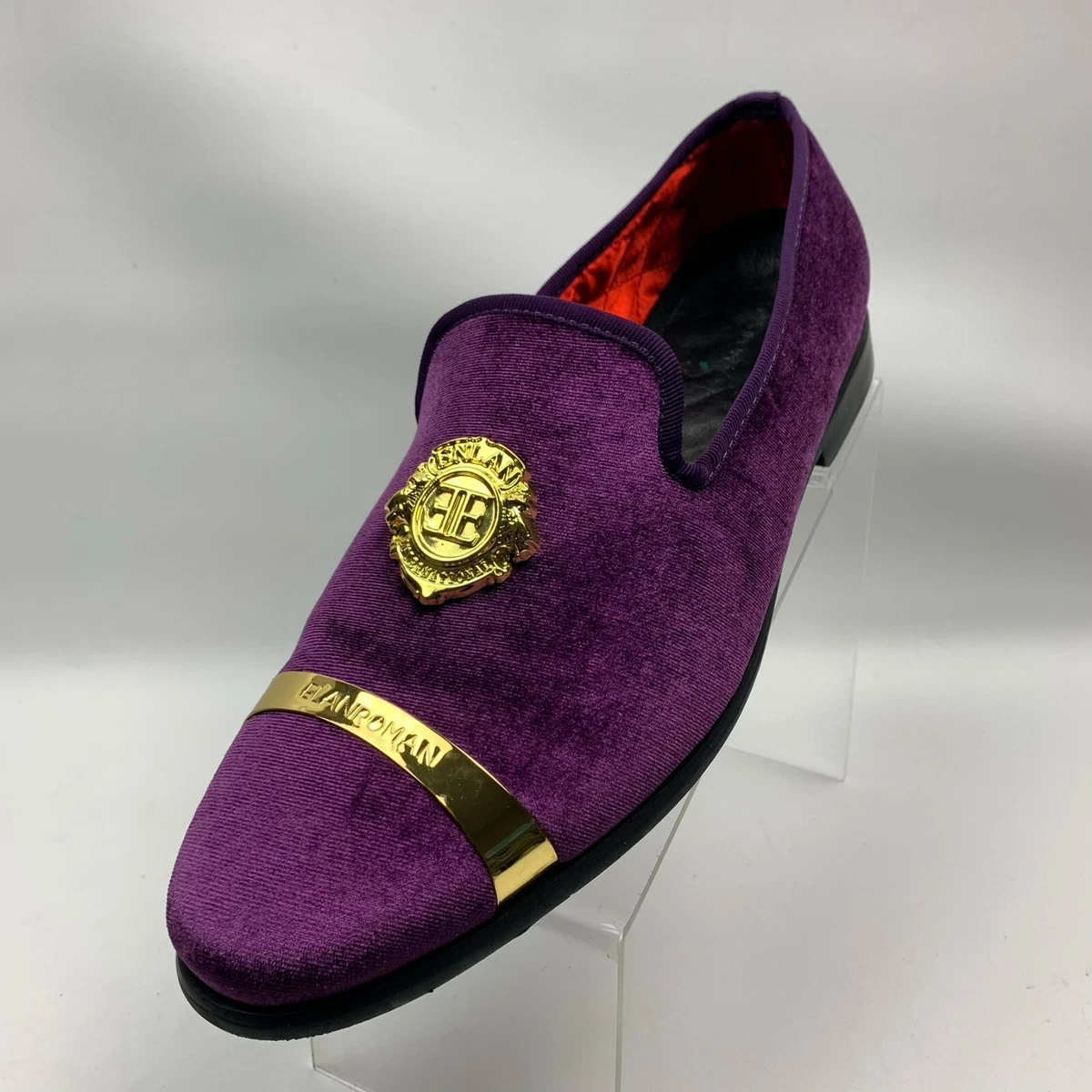 Elanroman Formal Loafers Purple Velveteen Gold Tone Logo Slip On