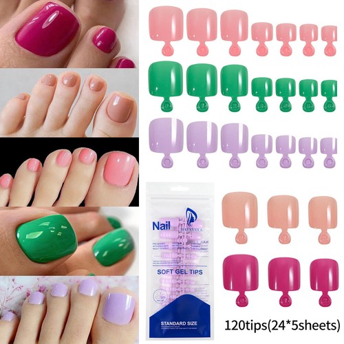 120Pcs False Toe Nails Press On 3D Glitter Decor Manicure Square Short Fake Nail - Picture 2 of 29