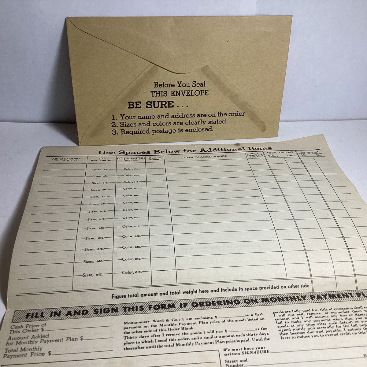VERY VINTAGE 1940's-50's MONTGOMERY WARD CATALOG ORDER BLANK WITH