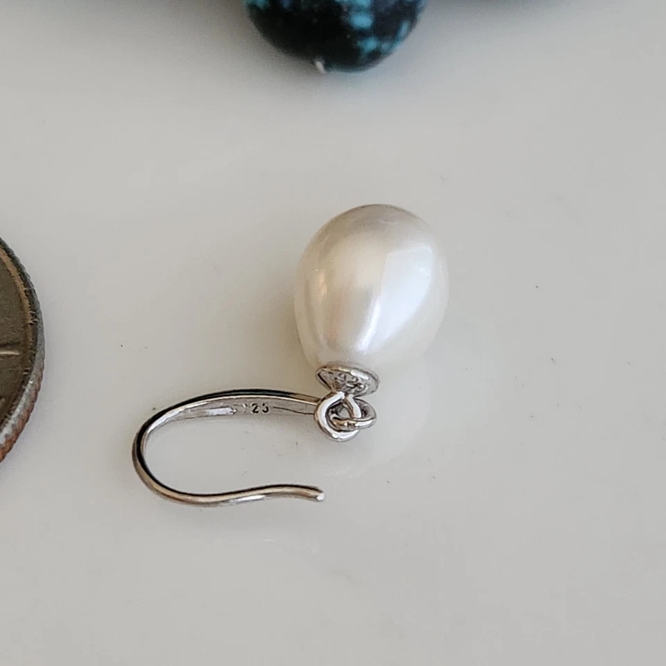 Natural White Oval Pearl  Hook Drop 7/8" Earrings in 925 Solid Sterling Silver - Image 4 of 4
