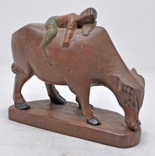 Vintage Wooden Cow With Farmer Figurine Original Old Hand Carved Painted