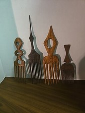 Vintage Wood African Hand Carved Art Hair Combs Authentic African Picks 4