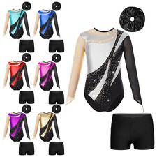 Kids Girls Leotard With Shorts Ice Skating Gymnastic Performance Dancewear Mesh