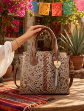 Light Smokey Taupe Gold CrossStitch Embossed Tooled Artisan LEATHER Purse Bag