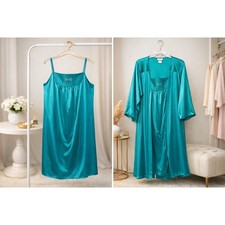 Undercover Wear Vintage Teal Nightgown Robe Set Rhinestone Bow 1X Vintage USA
