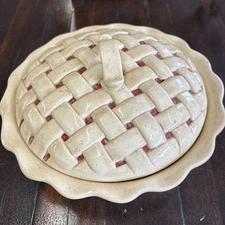 Vintage Ceramic Cherry Pie Plate Dish 1981 - Server With Covered Lid Bell Cerami
