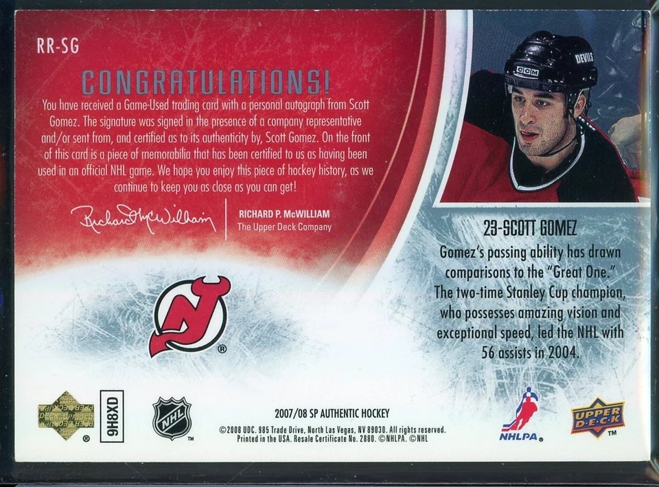 2007-08 SP Authentic Rookie Review Autographed Patches #RRSG Scott Gomez 094/100 - Image 2 of 2