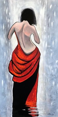 Model in A Red Dress Back Figurative Painting 24''x48''