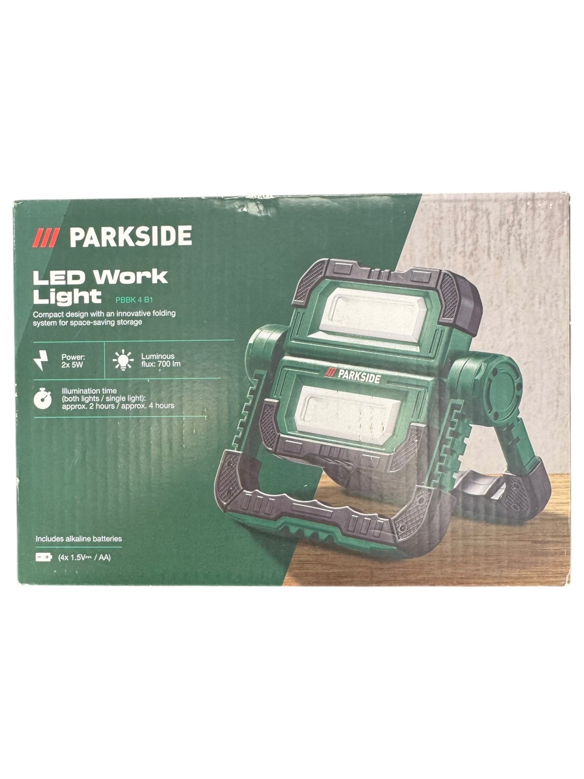 New: Parkside LED Work Light - Black/Green (2x 5w LED's, 700lm, 2-4hr Batt Life)
