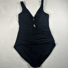 Black One Piece Swimsuit Medium Ruched V Neck Cutouts Summer Vacation Beach Pool
