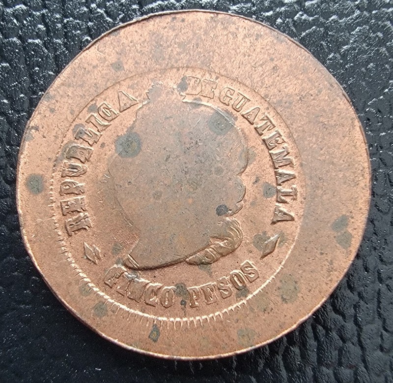 Guatemala 1874 Cinco Pesos Copper Coin ➕️ Maybe PROOF  ➕️ 🇬🇹 BID NOW ✅️