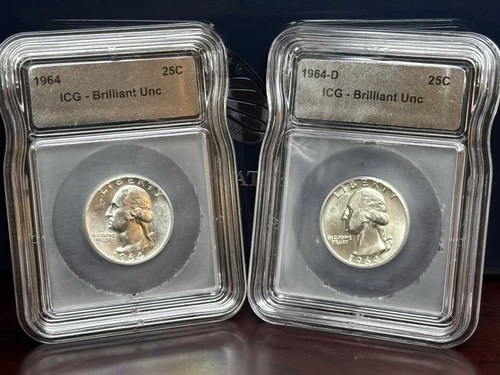 1964 P & D Washington Quarter Set IGC Brilliant UNC 90% Silver 2 Coin Set