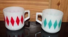 Vintage Fire King Harlequin Mug Cup D Handle Red & Turquoise Diamond Pattern
