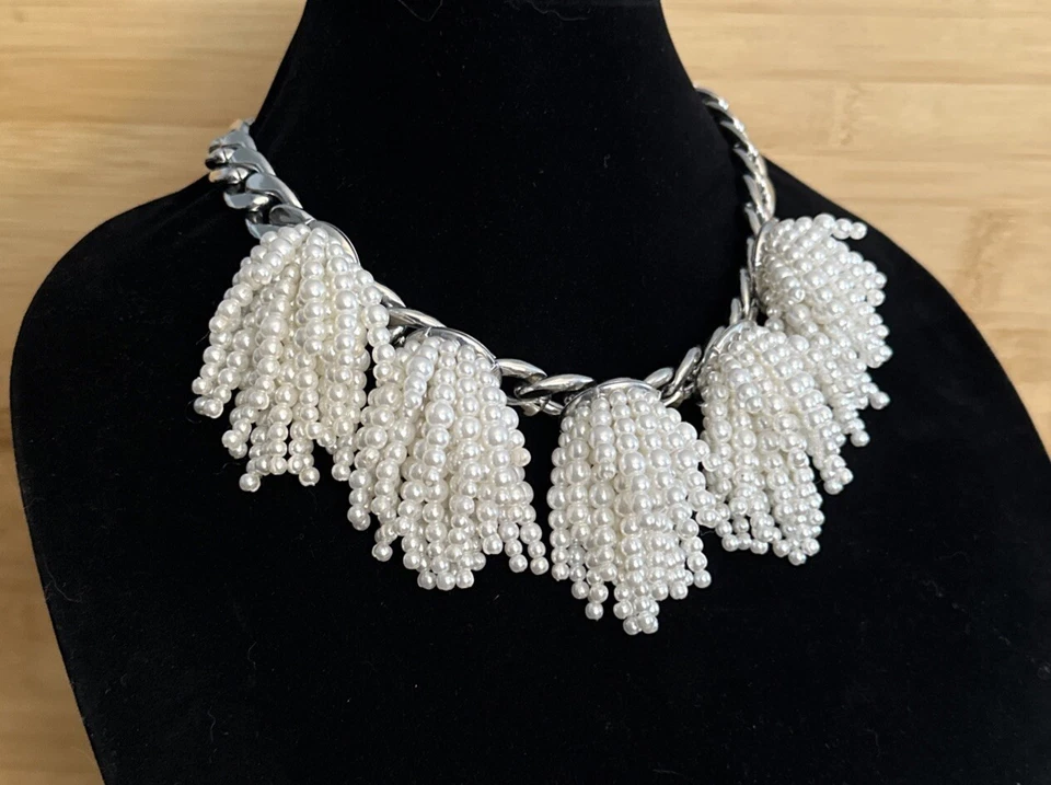 Banana Republic Statement Faux Pearl Beaded Fringe Necklace Silver Chain 18-20” - Image 2 of 4