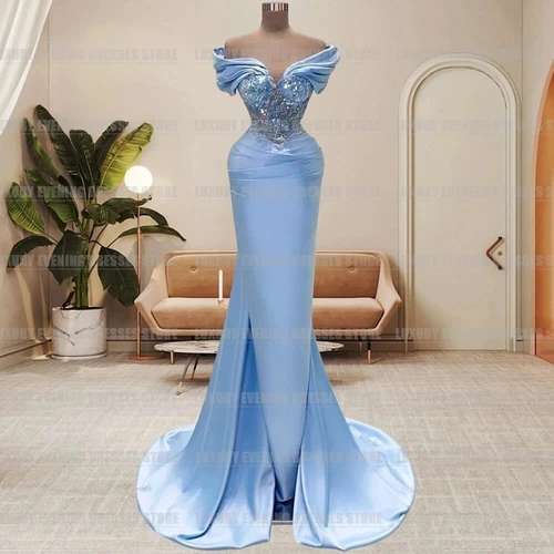 Luxury Off Shoulder Evening Dresses Woman Sexy Satin Formal Sparkle Prom Gowns - Picture 8 of 9