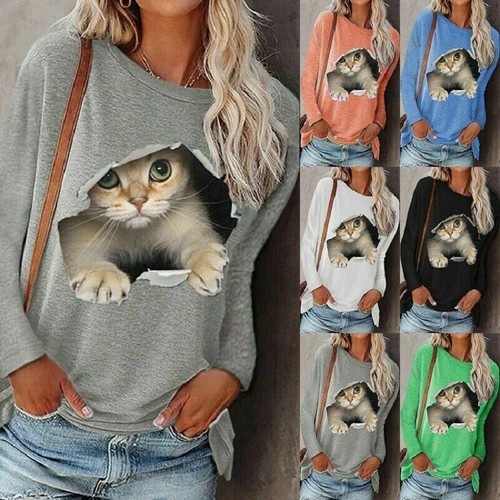 Womens Sleeve Print T Shirt Blouse Crew Neck Loose Tunic Tops | eBay