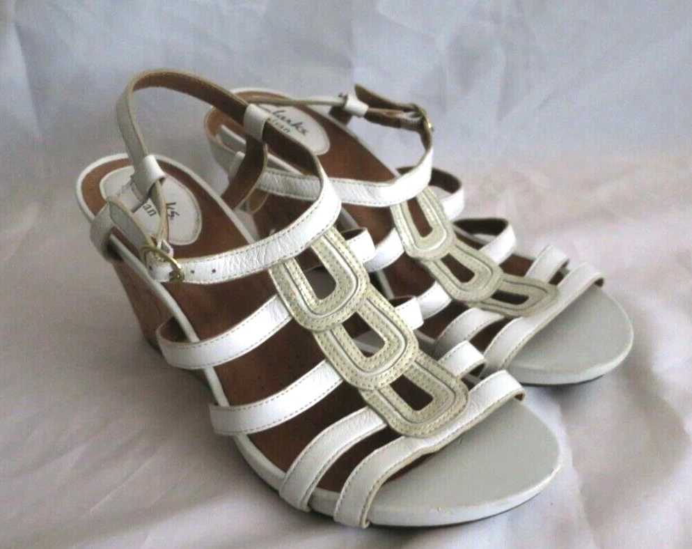 Clarks Artisan Shoes sandali donna zeppa sughero bordo oro pelle bianca taglia 10M