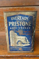 Vintage 1930s EVEREADY PRESTONE Antifreeze One Gallon Metal Oil Gas Can - Empty