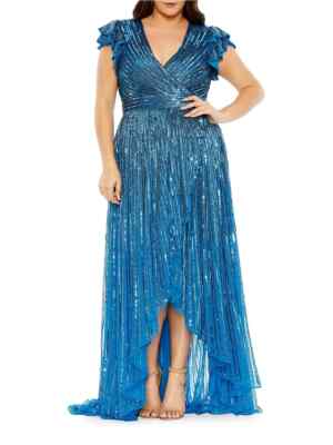 Mac Duggal Sequined V Neck Surplice Flutter Sleeve Teal Blue Gown Plus Sz 18
